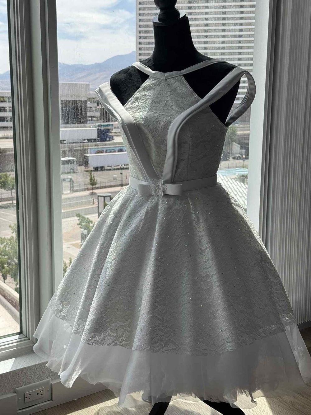 White Lace Halter Fit-and-Flare Dress with Bow Detail